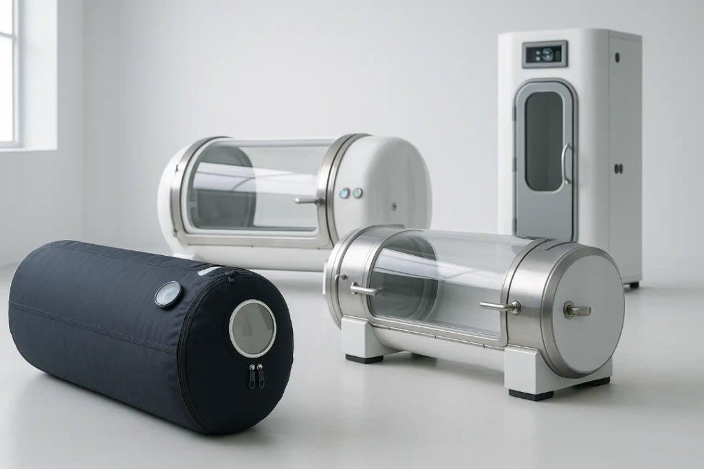 Three types of hyperbaric chambers: portable soft-shell, mid-sized hard-shell, and compact vertical displayed in a modern, minimalist showroom, showing realistic textures, control panels, and daylight reflections.