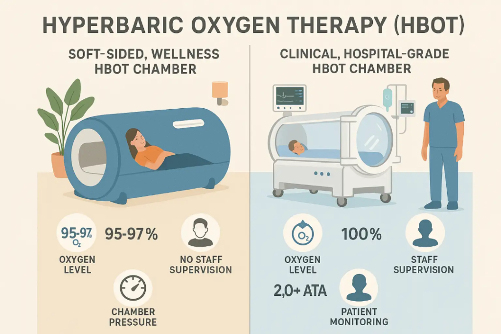 Infographic compares soft-sided wellness HBOT chamber with plants and ambient lighting to a hospital-grade HBOT chamber with medical equipment, highlighting differences in oxygen levels, staff supervision, chamber pressure, and patient monitoring using clearly labeled icons.