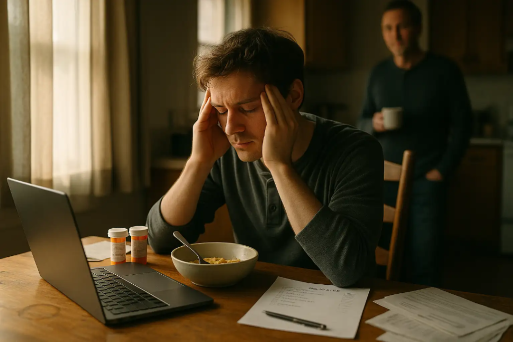 A young adult with post-concussion syndrome sits at a kitchen table in morning light, head in hands, visibly fatigued, surrounded by medication, a half-finished meal, and a supportive family member in the background, capturing daily challenges and emotional impact.