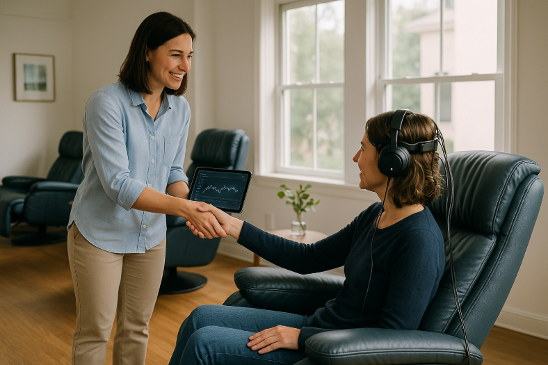 A sunlit, modern neurofeedback clinic in Greenville featuring ergonomic chairs with advanced headsets, a clinician warmly greeting a client with brainwave data on a tablet, polished wood floors, fresh greenery, and subtle details, creating a tranquil, welcoming atmosphere for personalized wellness services.