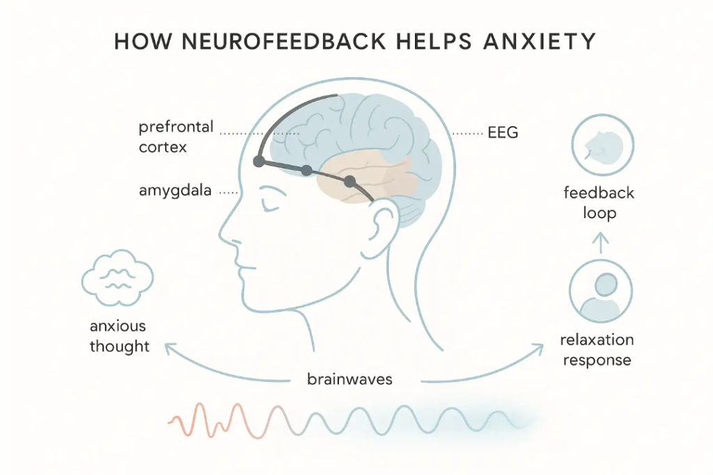 Infographic showing a stylized brain cross-section with an EEG headset, color-coded regions for anxiety regulation, and icons illustrating the neurofeedback process, brainwave changes, and relaxation&mdash;designed to explain how neurofeedback aids in anxiety management. Modern, accessible, educational layout on a white background.