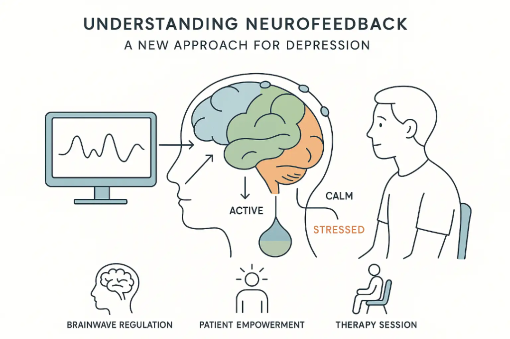 Minimalist infographic showing a brain divided by colored regions for brainwaves, scalp electrodes, feedback graph on a monitor, and a hopeful patient. Arrows connect brain activity to graph. Title reads &ldquo;Understanding Neurofeedback: A New Approach for Depression&rdquo;